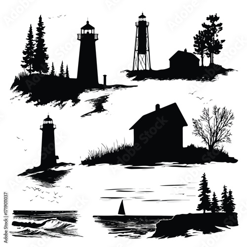 Set of great lakes geographical region silhouettes isolated on white background presented in a clean black and white silhouette style