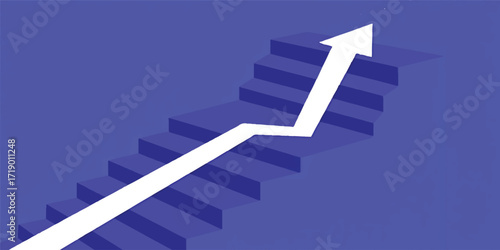 "3D White and Blue Staircase with Arrow Rising Up, Symbol of Business Success, Growth, and Achievement in Career Development"
