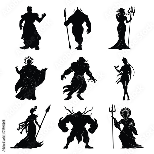 Collection of greek god silhouettes in black and white isolated on white background