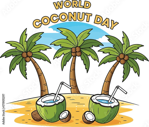 World coconut day concept with coconut tree and coconut drink beach celebrating world coconut day with coconut
