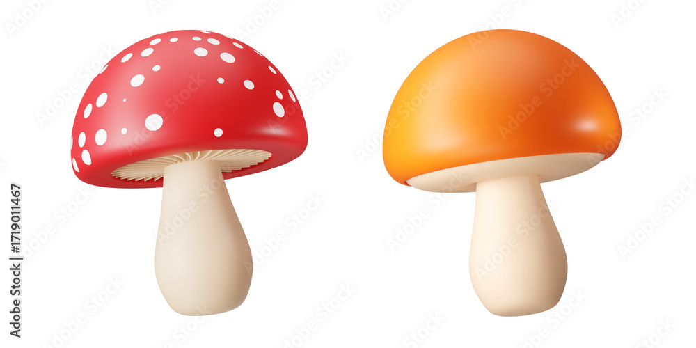 Obraz premium 3d render Mushroom Amanita isolated on white background. Collection of minimalist 3D illustrations. Modern glossy 3D plastic in cartoon style. Autumn forest elements, Hello autumn concept.