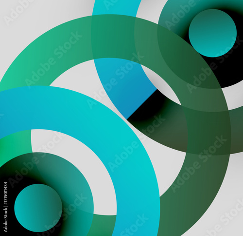 Abstract composition. Overlapping circles create dynamic visual effect. Teal, green, white hues dominate design. Modern, minimalist style.