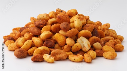 Pile of toasted corn nuts, golden roasted kernels, high detail food photography, crunchy snack background