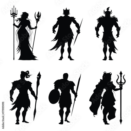Collection of greek god silhouettes in black and white isolated on white background