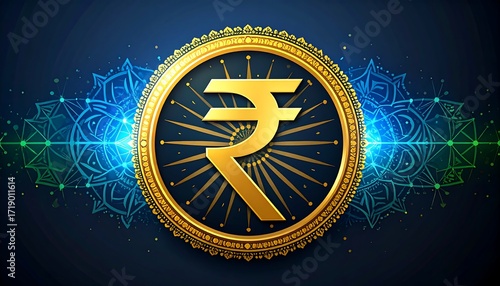 Golden rupee symbol in ornate frame, mandala designs