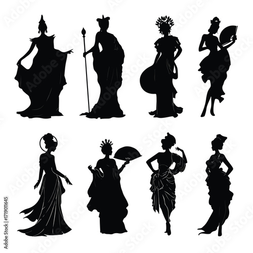 Collection of elegant greek goddess silhouettes in black and white isolated on white background