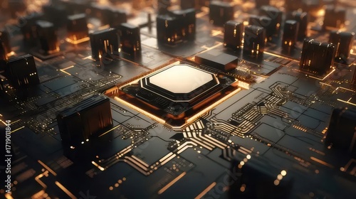 照らされた黒い回路基板のクローズアップ