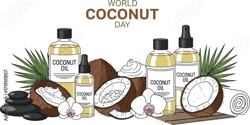 World coconut day banner with coconut oil bottles, coconut halves, spa stones, towel, orchid flowers and palm leaves