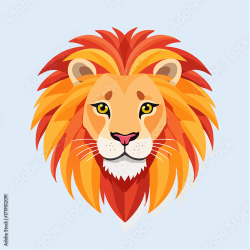 Lion head stares forward with vibrant mane against a light blue backdrop, showcasing a stylized and modern aesthetic.