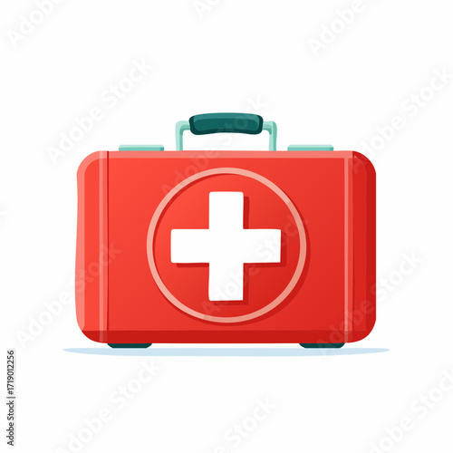 Red first aid kit providing medical supplies for emergencies in hospitals and homes, offering safety and preparedness.