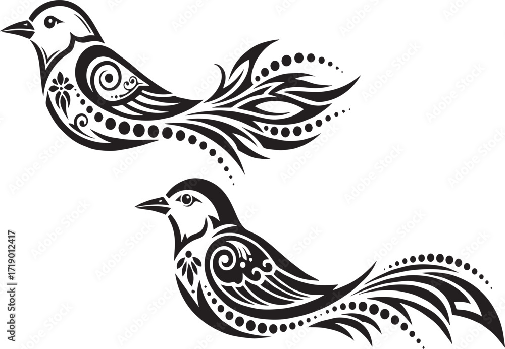 Fototapeta premium Two Stylized Birds Silhouette Art Illustration with Tribal and Maori Designs - Vector Graphics