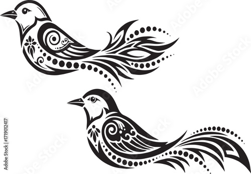 Two Stylized Birds Silhouette Art Illustration with Tribal and Maori Designs - Vector Graphics