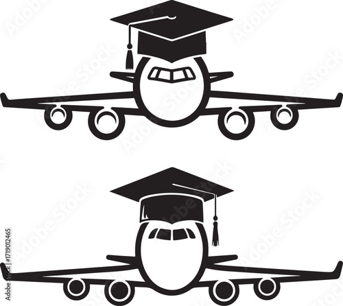 Two airplane silhouettes wearing graduation caps silhouette