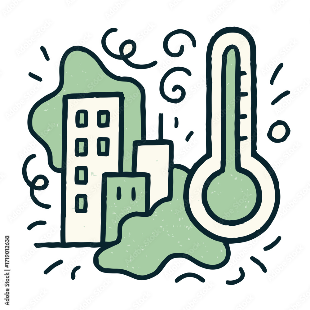 Obraz premium Sustainable City Ecology Infrastructure Green Buildings and Thermometer Icon Representing Climate