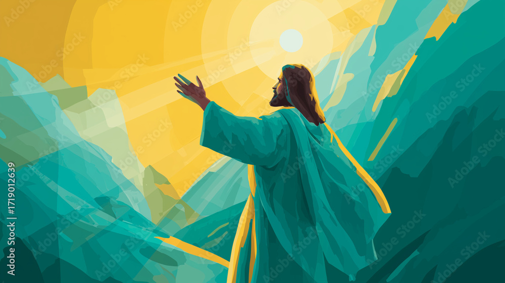 Fototapeta premium Jesus Christ in the valley with sun shining