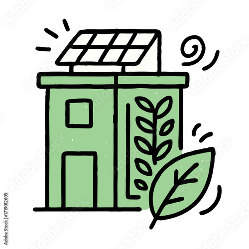 Vibrant illustration of a sustainable infrastructure building, powered by solar energy, symbolizing modern ecology and eco-friendly design for a greener future