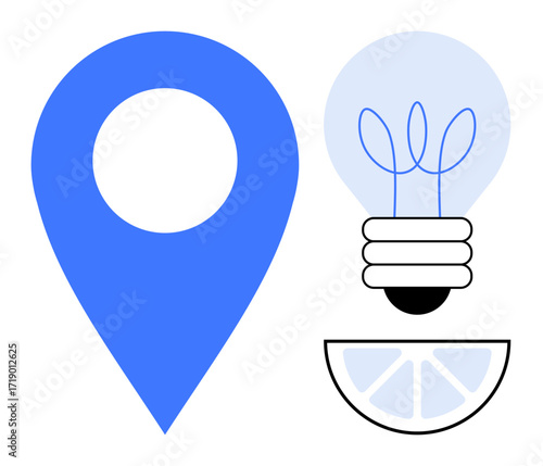 Blue location pin, minimalist lightbulb symbol with filaments, and half lemon slice signify innovation, creativity, and unique solutions. Ideal for business, problem-solving, ideas, location-based