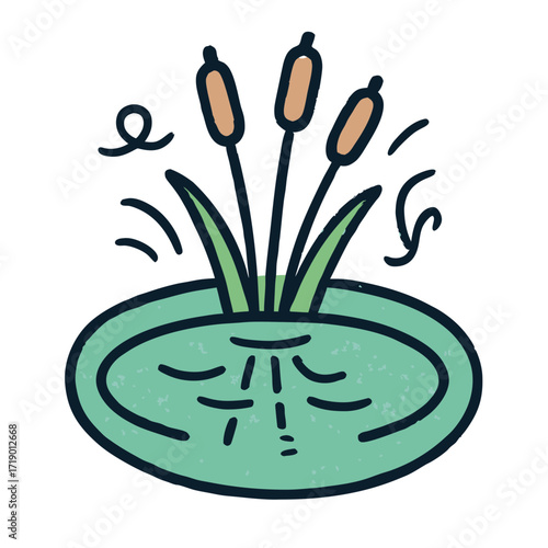 A simplistic, hand-drawn illustration of a pond with cattails, symbolizing sustainable ecology and natural infrastructure
