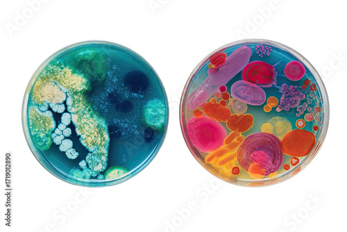 Two petri dishes filled with vibrant microbial colonies