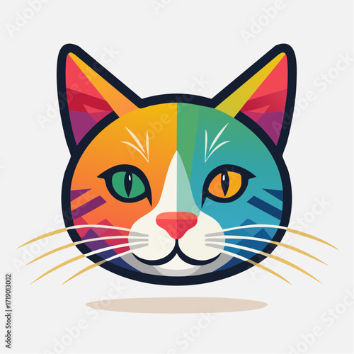 Colorful cat face stares forward with vibrant hues and geometric patterns against a white backdrop, creating a playful and modern aesthetic.