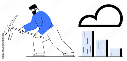 Man swinging pickaxe toward graph and cloud, representing data extraction, cloud computing, and analytics. Ideal for innovation, technology, efficiency, progress, digital economy data science
