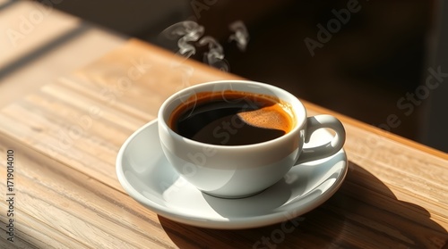 Elegant Ceramic Espresso Cup on Wooden Surface with Copy Space for Branding Design