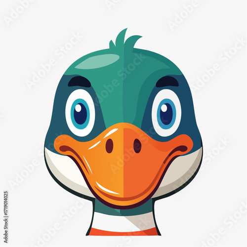 Cartoon duck stares directly at viewer with friendly expression on white background, creating a cheerful and inviting image for children's content.