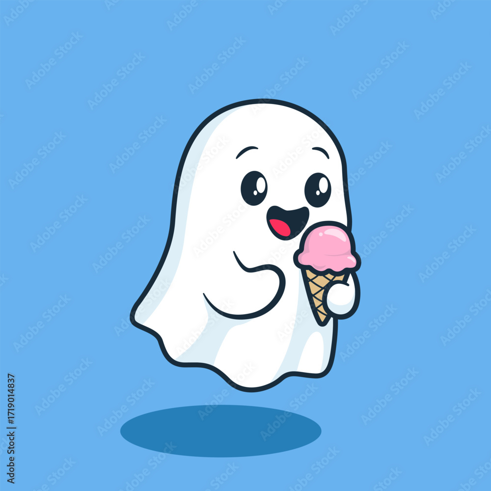 Fototapeta premium Cute Happy Ghost Eating Ice Cream Illustration