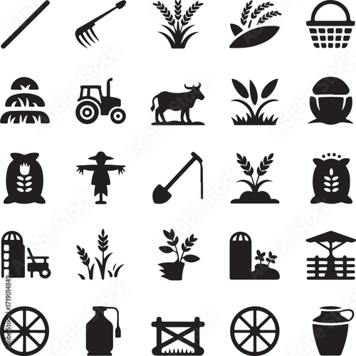 Collection of farming and agriculture icons and symbols on a white background