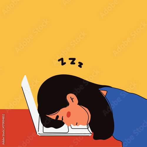 Vector illustration of a young woman falling asleep on her laptop. This flat design artwork represents fatigue, overwork, burnout, and exhaustion from long hours in front of the computer. 