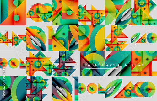 Abstract geometric patterns. Bright colors, shapes overlap creating dynamic visual texture. Modern design elements present.