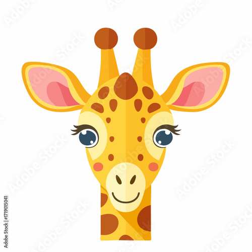 Cute giraffe looks forward with a gentle smile on a white backdrop, showcasing its adorable features in a simple and charming way.