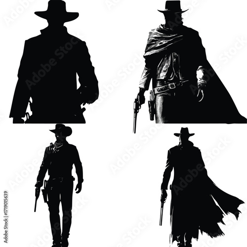 Collection of wild west gunslinger silhouettes in black and white isolated on white background