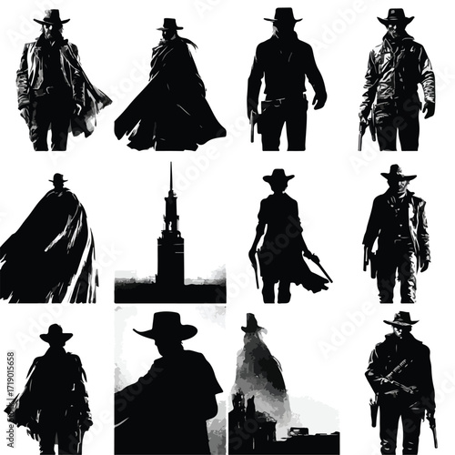 Collection of wild west gunslinger silhouettes in black and white isolated on white background