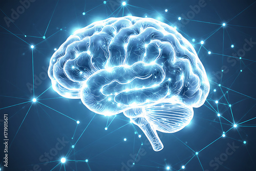 Blue Illuminated Brain with Neural Connections on Dark Background