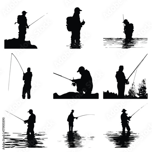 Collection of diverse male figures fishing in various poses presented as a black and white silhouette isolated on white background