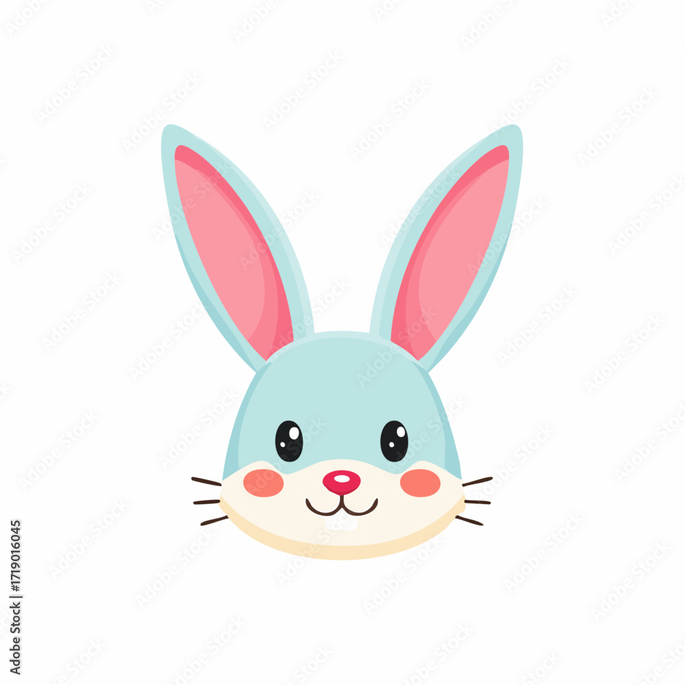 Fototapeta premium Cute blue bunny smiles sweetly with pink cheeks on white backdrop, radiating innocence and playful charm.