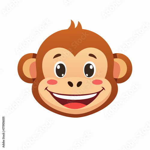 Cartoon monkey smiling cheerfully with big eyes and a wide grin on a white backdrop, conveying happiness and playful energy.