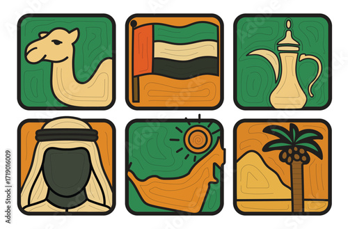 Arab Emirates Vector Icons – Perfect for educational content, cultural projects, travel guides, and classroom use. Ideal for creators seeking authentic UAE visuals.