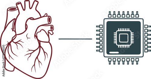 The image of a heart and a processor connected by a line symbolizes the replacement of humans by technology. The concept of "the last in their profession," artificial intelligence, and digitalization.