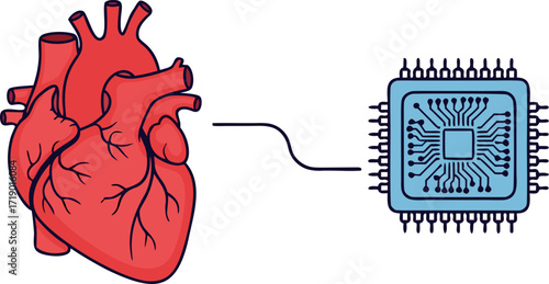 The image of a heart and a processor connected by a line symbolizes the replacement of humans by technology. The concept of "the last in their profession," artificial intelligence, and digitalization.
