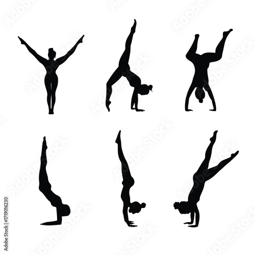 Set of black and white gymnastics handstand silhouettes isolated on white background