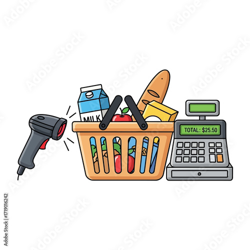 Grocery shopping basket with scanner and checkout counter machine
