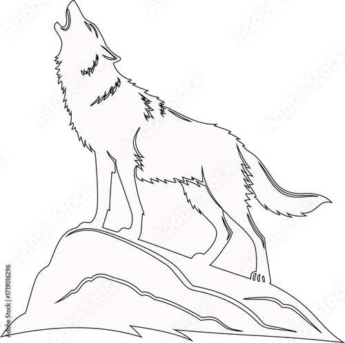 Minimalist howling wolf outline design in black on plain white, ideal for logo design, adventure gear, and nature graphics.