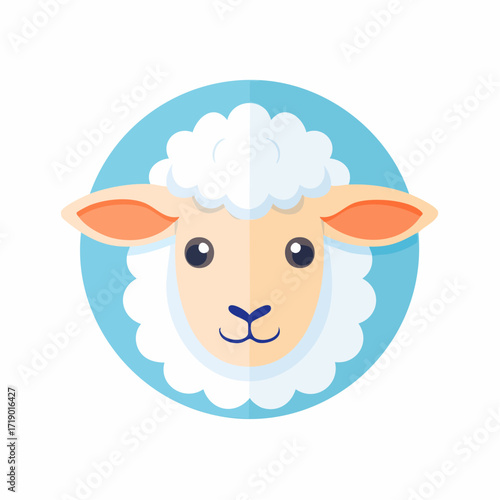 Cute sheep smiling within a blue circle, representing a friendly and approachable farm animal in a simple, modern style.