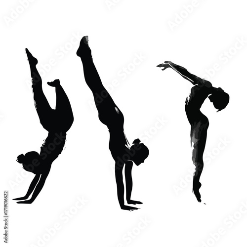 Dynamic gymnastics silhouette set featuring handstand poses isolated on white background