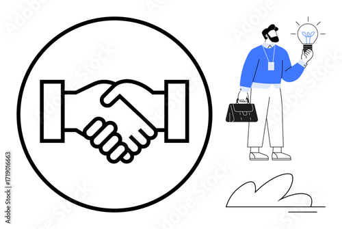 Handshake in circle next to businessman holding light bulb and briefcase. Ideal for teamwork, partnership, innovation, agreement, problem-solving, networking, entrepreneurship, simple flat metaphor