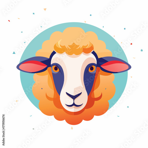 Cute sheep stares forward against a teal circle, radiating warmth and friendliness with its fluffy wool and gentle expression.