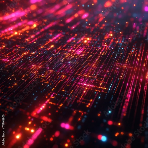 Abstract digital circuit board with glowing lines and particles
