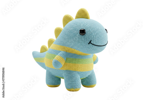 Fototapeta Naklejka Na Ścianę i Meble -  Isolated knitted dinosaur toy on seamless background, adorable crocheted plush dinosaur doll